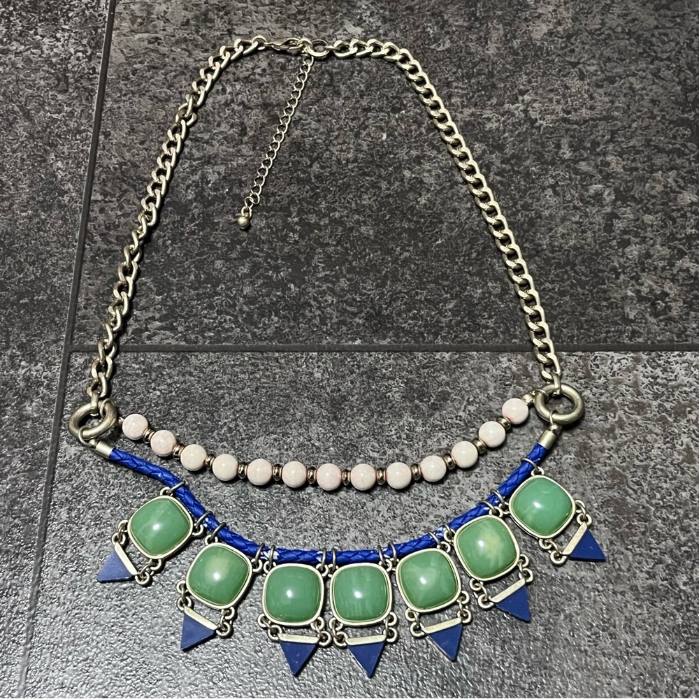 Beautiful Green with Bright Blue Triangles Necklace on a Silver Chain